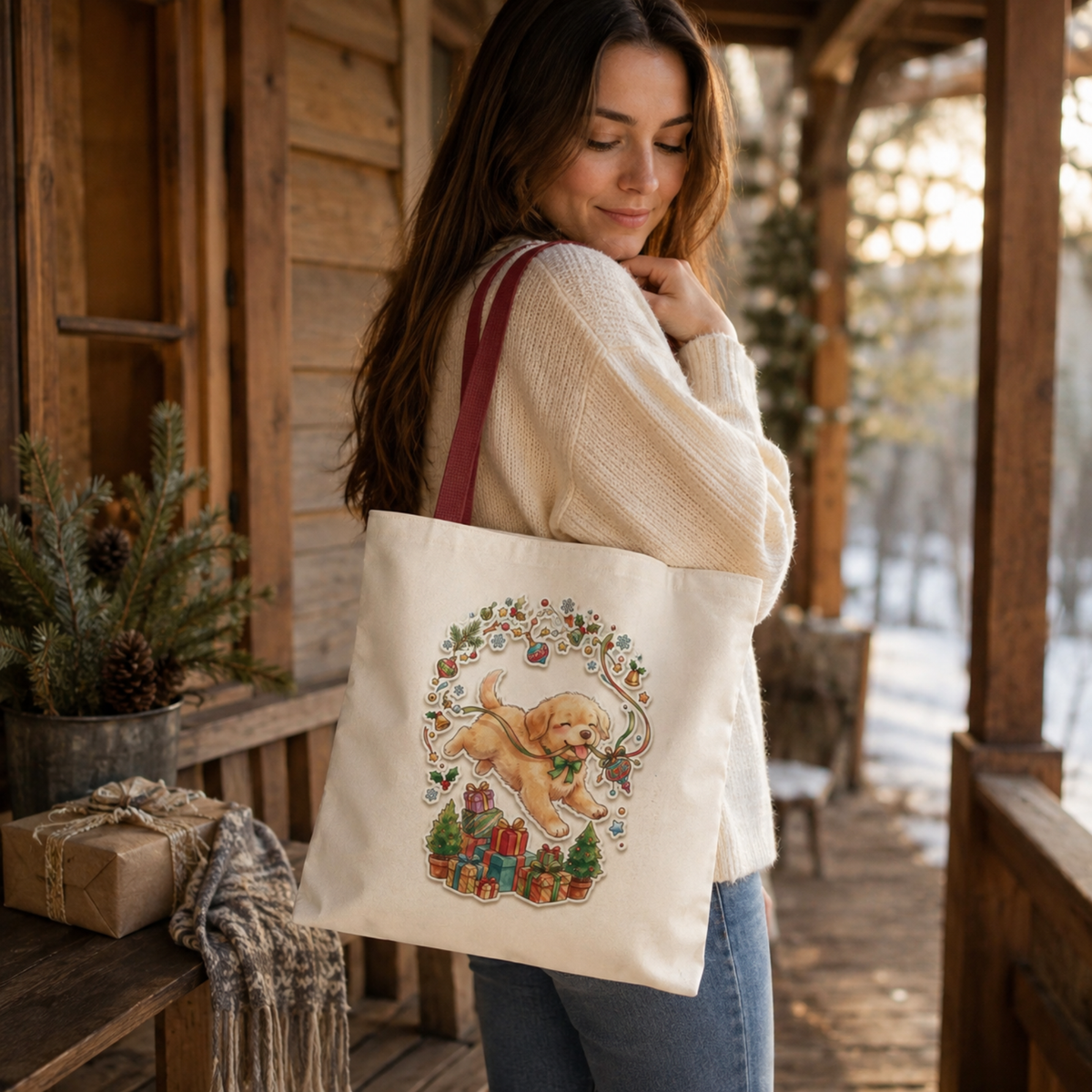 Playful Puppy with Holly and Gifts Tote Bag | Christmas Dog Holiday Design