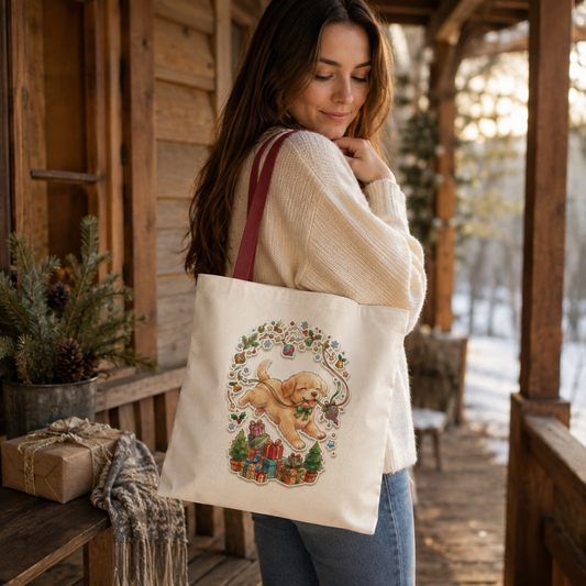 Playful Puppy with Holly and Gifts Tote Bag | Christmas Dog Holiday Design