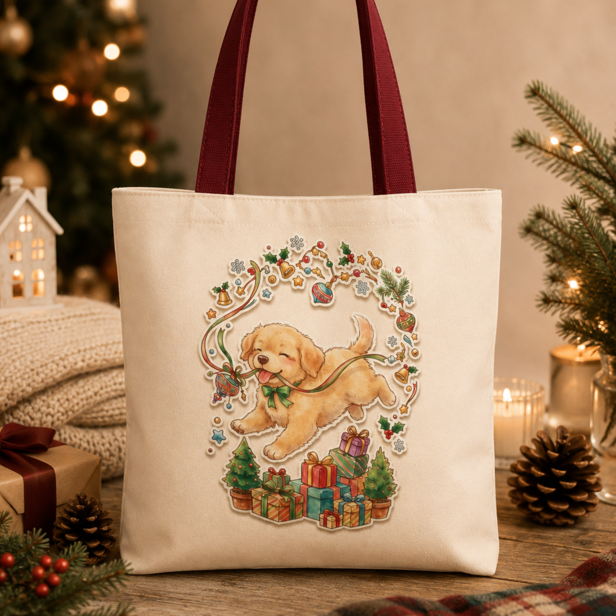 Playful Puppy with Holly and Gifts Tote Bag | Christmas Dog Holiday Design