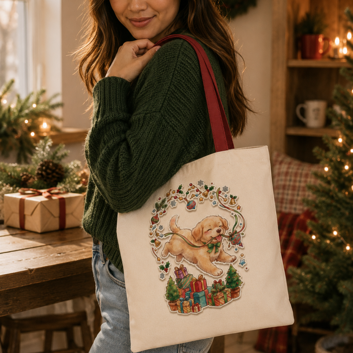 Playful Puppy with Holly and Gifts Tote Bag | Christmas Dog Holiday Design