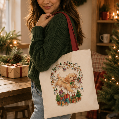 Playful Puppy with Holly and Gifts Tote Bag | Christmas Dog Holiday Design