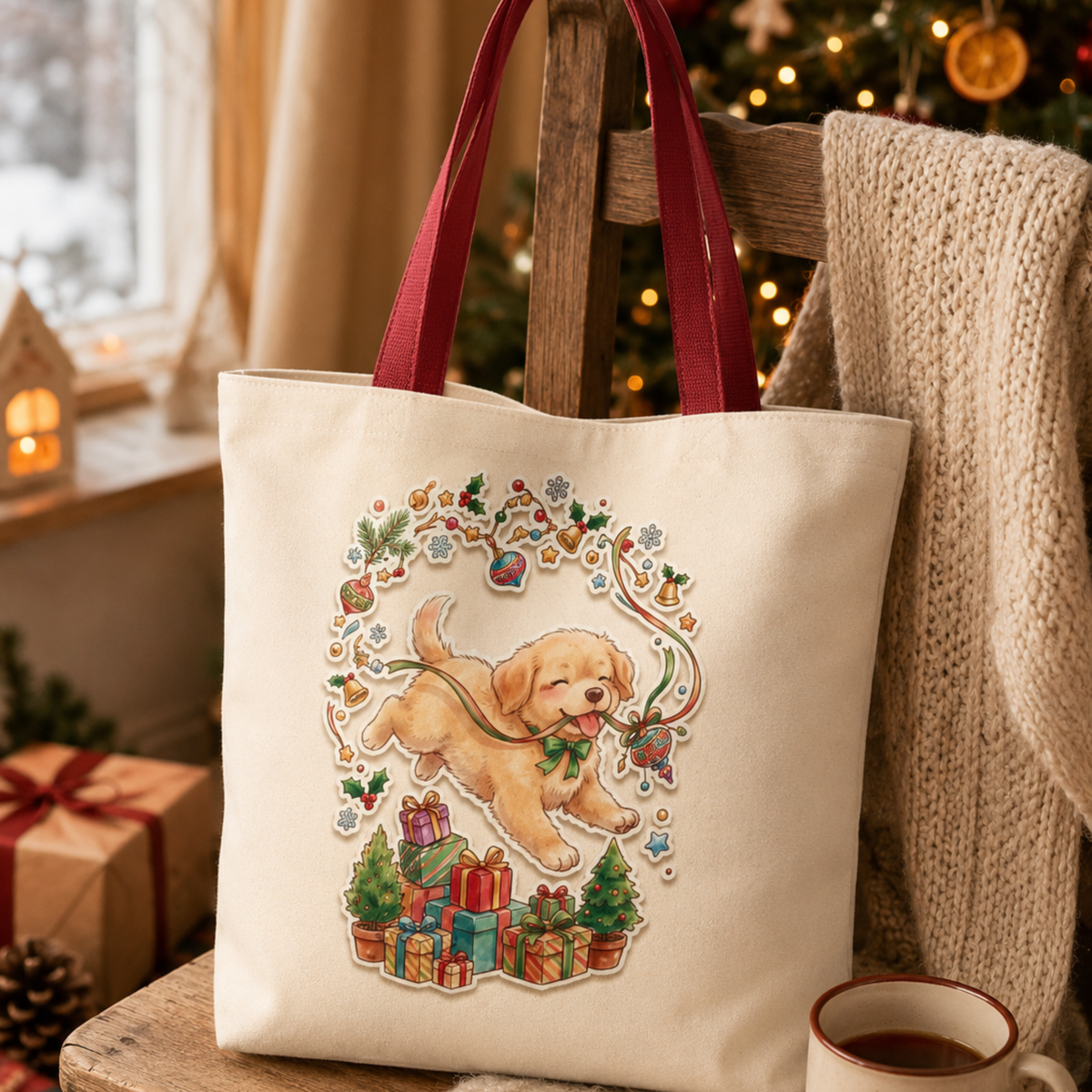 Playful Puppy with Holly and Gifts Tote Bag | Christmas Dog Holiday Design