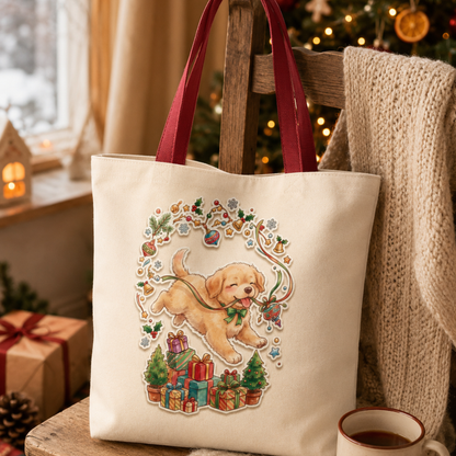 Playful Puppy with Holly and Gifts Tote Bag | Christmas Dog Holiday Design