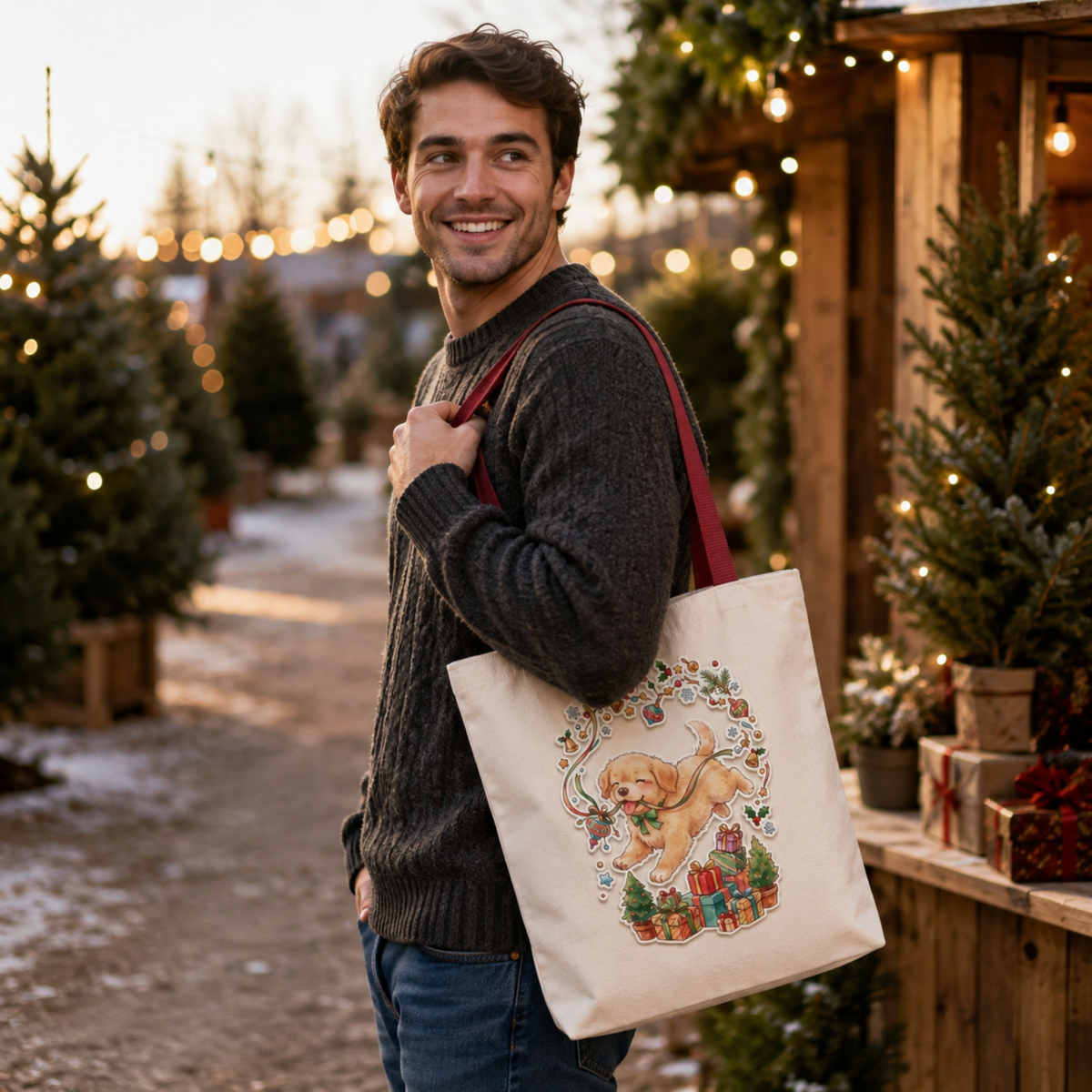 Playful Puppy with Holly and Gifts Tote Bag | Christmas Dog Holiday Design