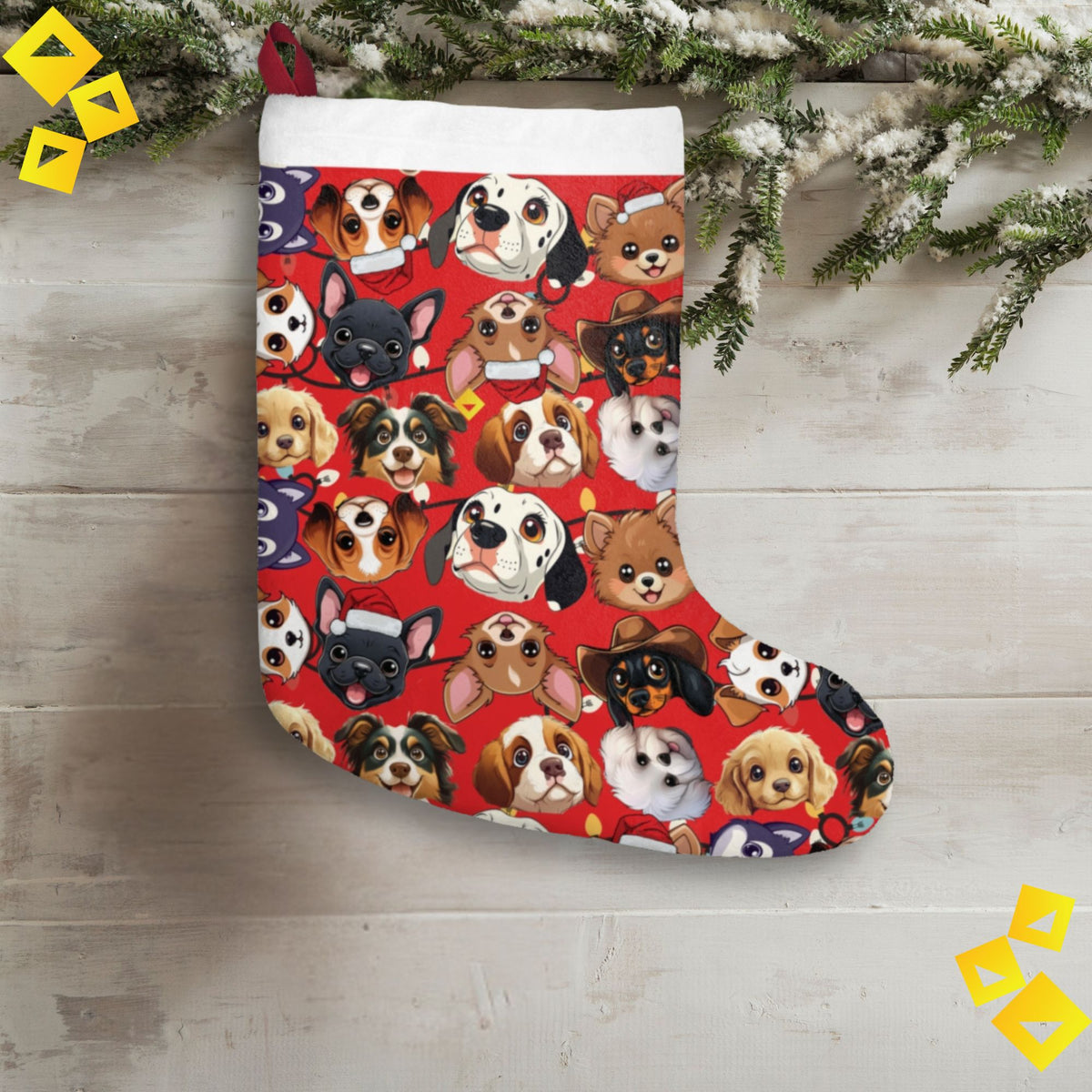 Christmas Stocking - Cute Dog Breeds Pattern on Red Background - Festive Pet Lover Holiday Décor