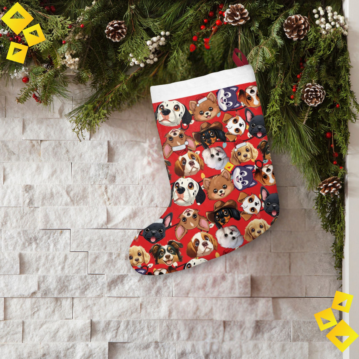 Christmas Stocking - Cute Dog Breeds Pattern on Red Background - Festive Pet Lover Holiday Décor