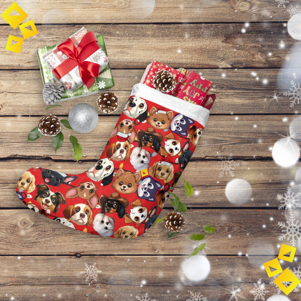 Christmas Stocking - Cute Dog Breeds Pattern on Red Background - Festive Pet Lover Holiday Décor