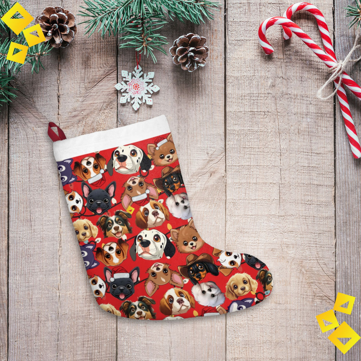 Christmas Stocking - Cute Dog Breeds Pattern on Red Background - Festive Pet Lover Holiday Décor