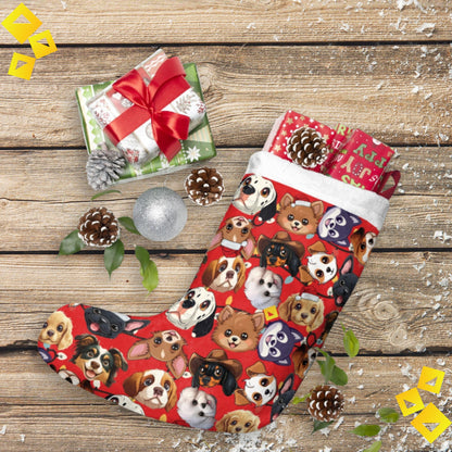 Christmas Stocking - Cute Dog Breeds Pattern on Red Background - Festive Pet Lover Holiday Décor