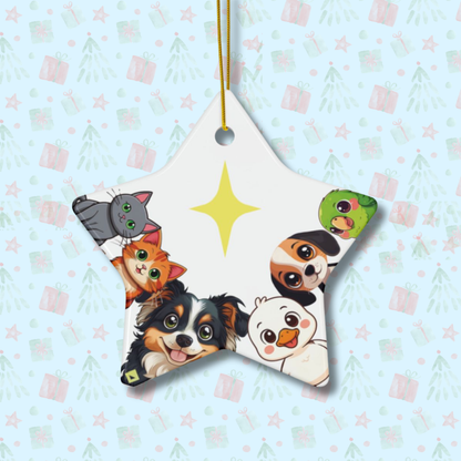 Animal Friends Christmas Ornament - Cat, Dog, Duck & Parrot with Star - 2-Sided Ceramic Holiday Decoration