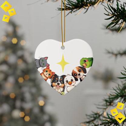 Animal Friends Christmas Ornament - Cat, Dog, Duck & Parrot with Star - 2-Sided Ceramic Holiday Decoration