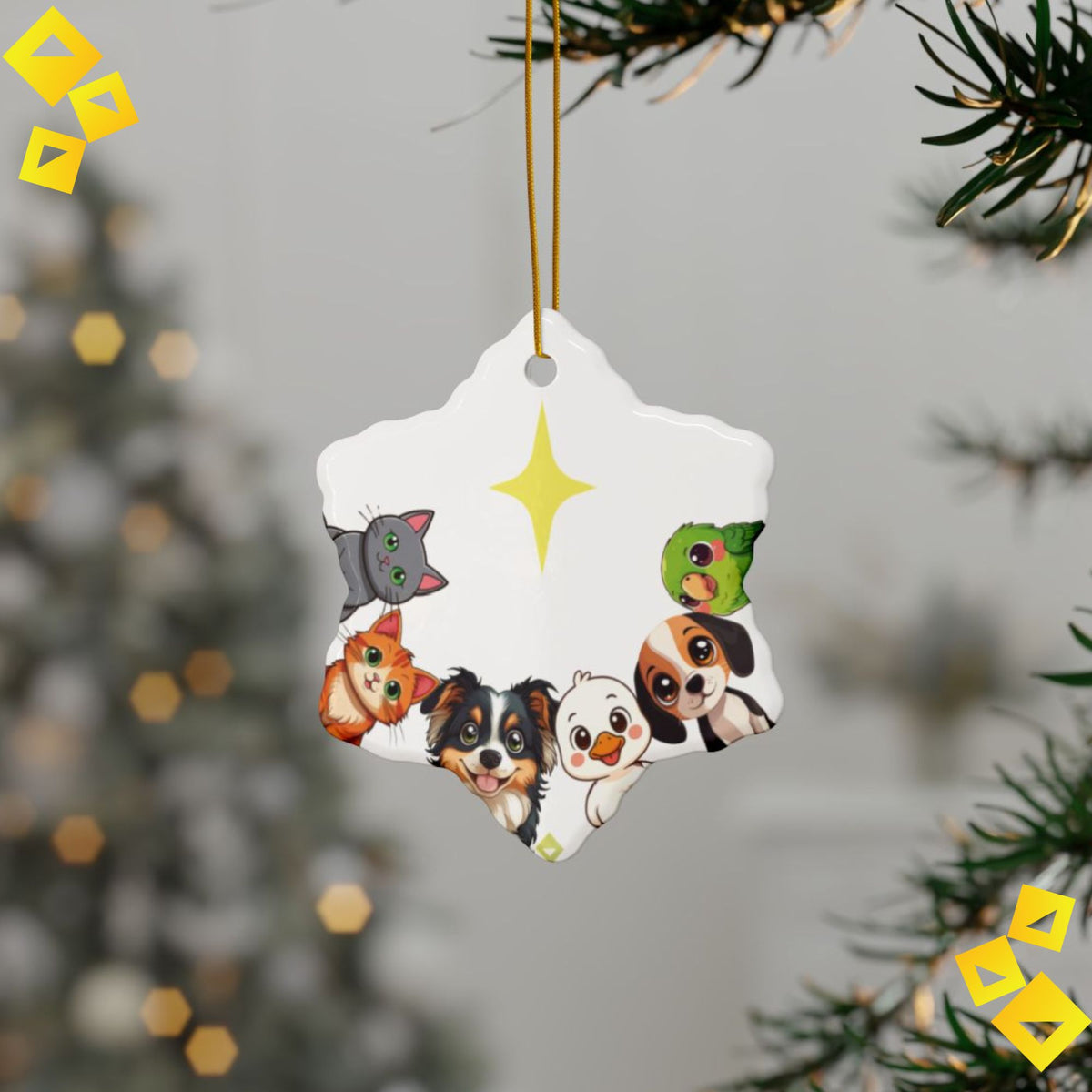 Animal Friends Christmas Ornament - Cat, Dog, Duck & Parrot with Star - 2-Sided Ceramic Holiday Decoration