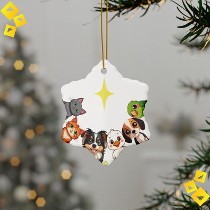 Animal Friends Christmas Ornament - Cat, Dog, Duck & Parrot with Star - 2-Sided Ceramic Holiday Decoration