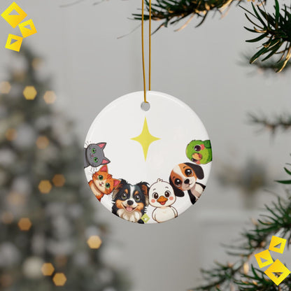 Animal Friends Christmas Ornament - Cat, Dog, Duck & Parrot with Star - 2-Sided Ceramic Holiday Decoration
