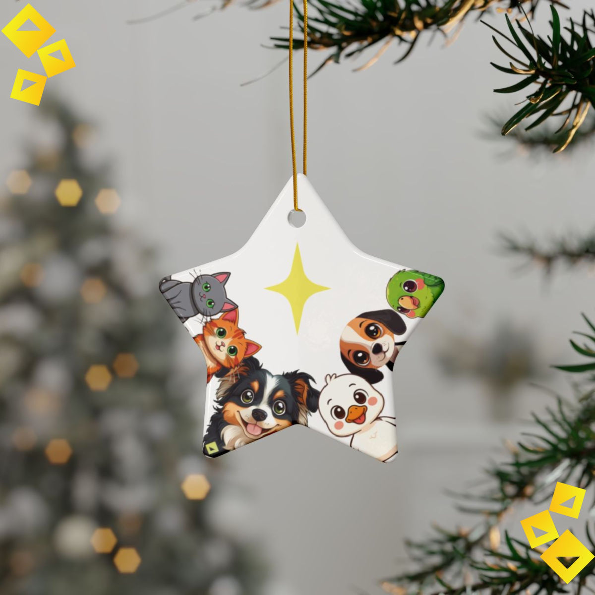 Animal Friends Christmas Ornament - Cat, Dog, Duck & Parrot with Star - 2-Sided Ceramic Holiday Decoration