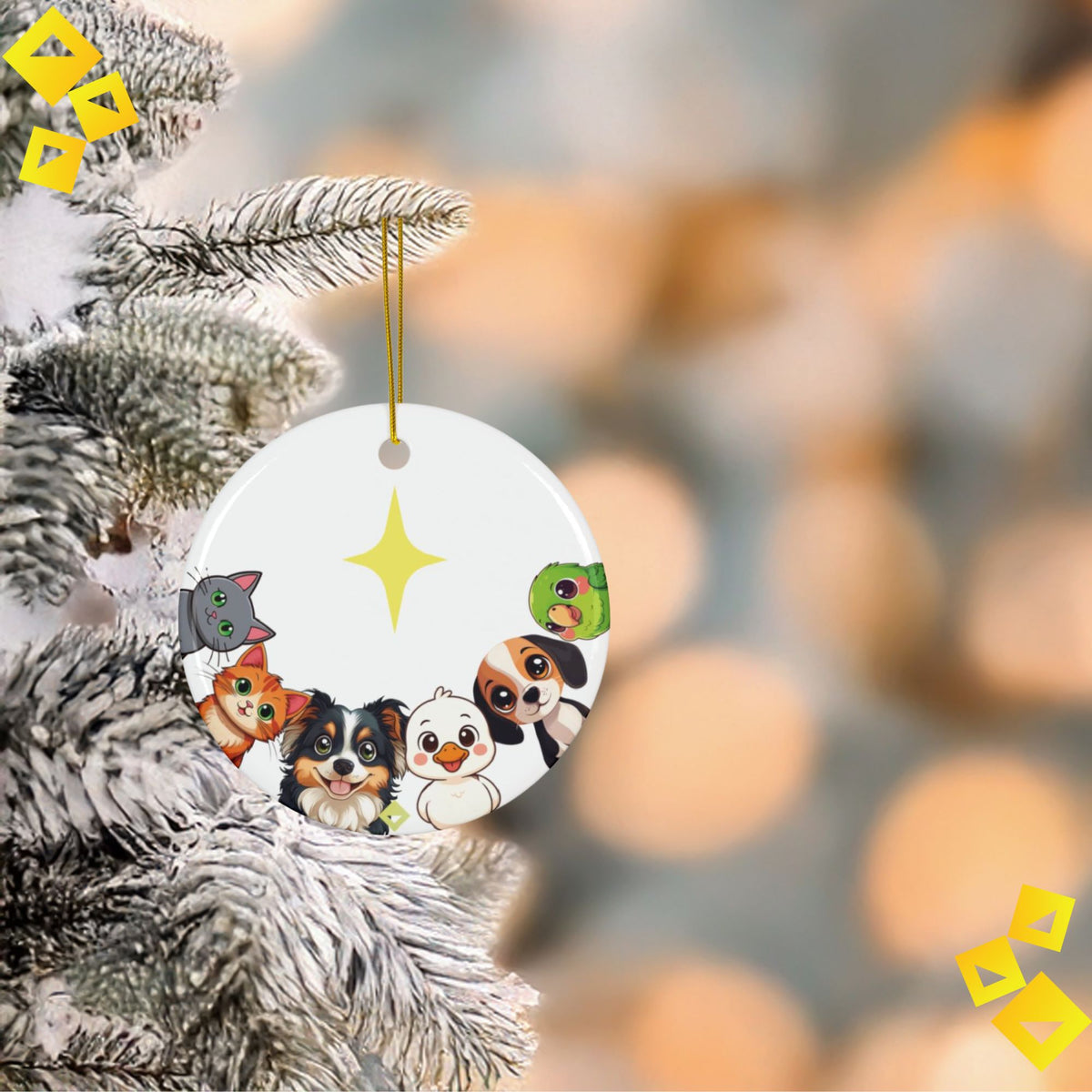 Animal Friends Christmas Ornament - Cat, Dog, Duck & Parrot with Star - 2-Sided Ceramic Holiday Decoration