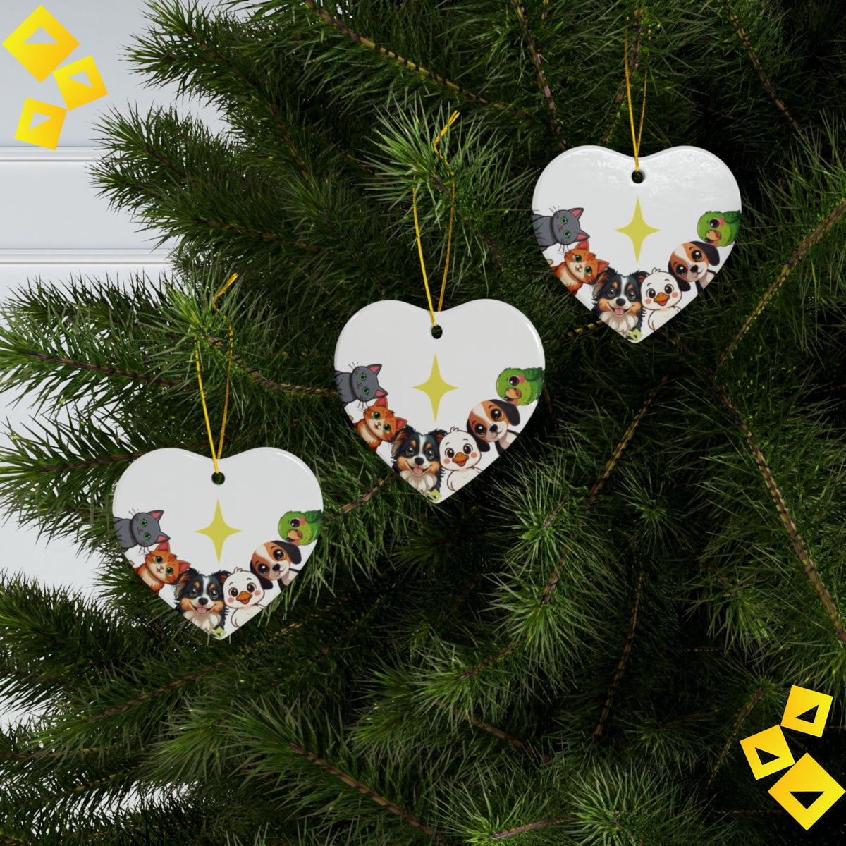 Animal Friends Christmas Ornament - Cat, Dog, Duck & Parrot with Star - 2-Sided Ceramic Holiday Decoration