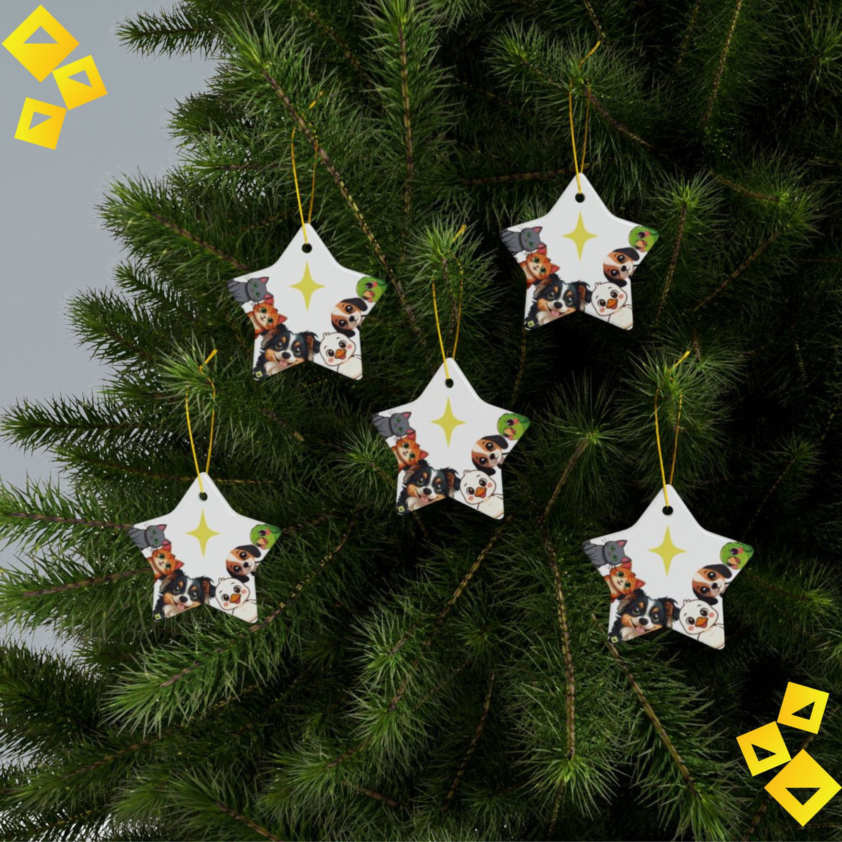 Animal Friends Christmas Ornament - Cat, Dog, Duck & Parrot with Star - 2-Sided Ceramic Holiday Decoration
