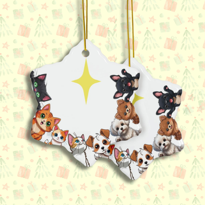 Christmas Ornaments Cute Pet Family - Cats & Dogs Around Star - 2-Sided Ceramic Holiday Decoration