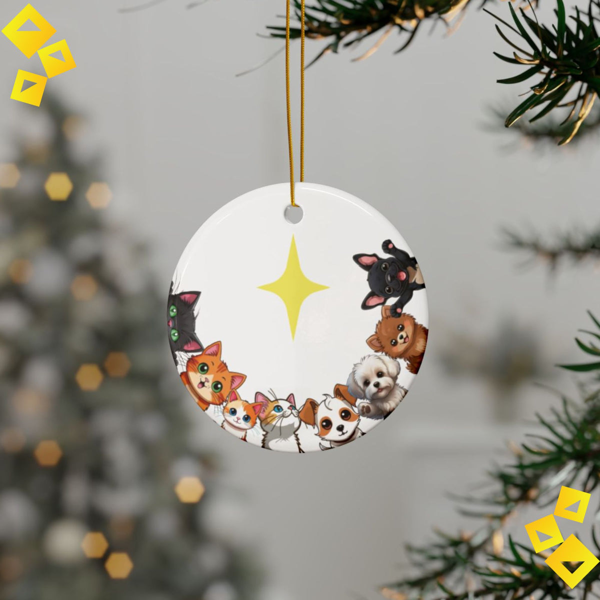Christmas Ornaments Cute Pet Family - Cats & Dogs Around Star - 2-Sided Ceramic Holiday Decoration