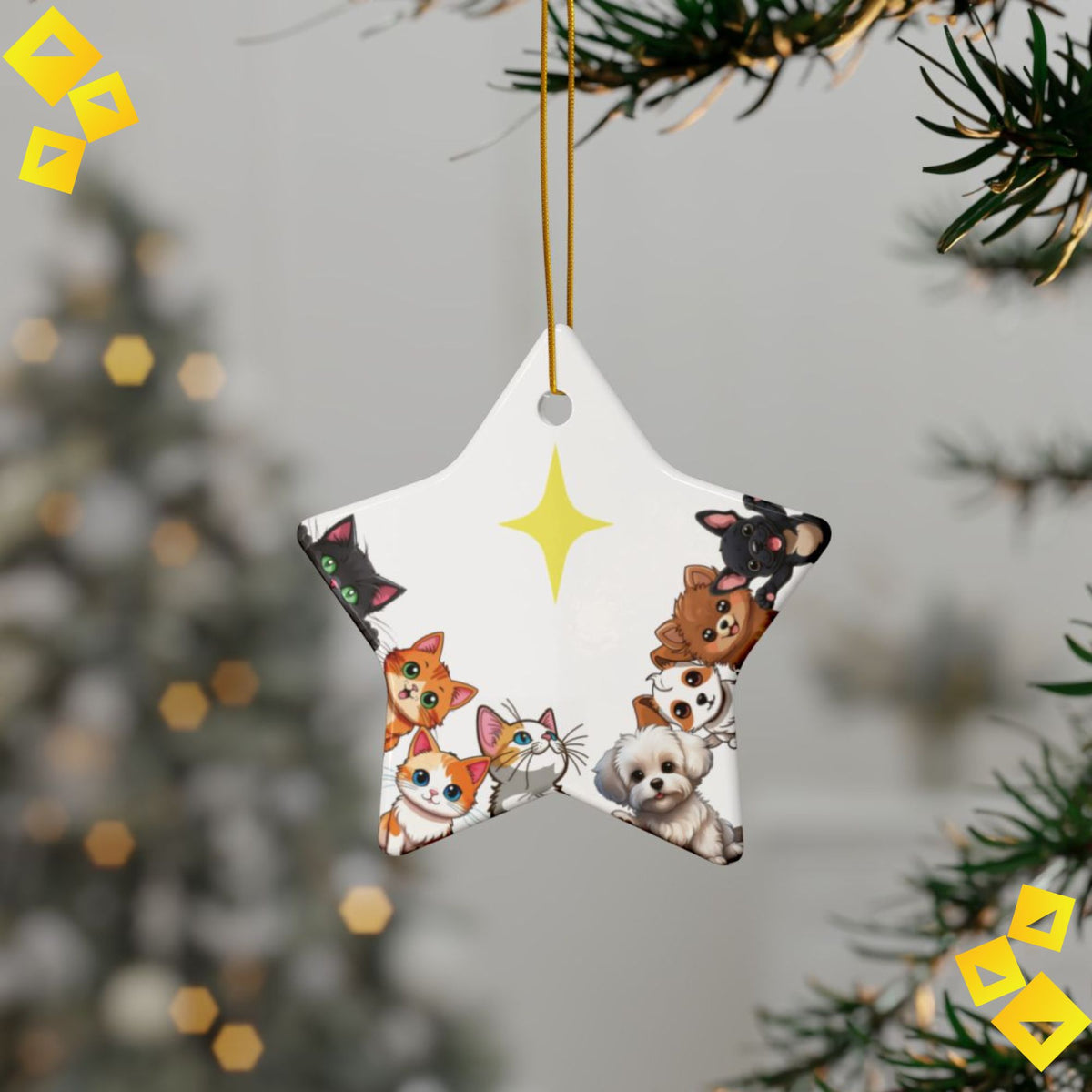 Christmas Ornaments Cute Pet Family - Cats & Dogs Around Star - 2-Sided Ceramic Holiday Decoration