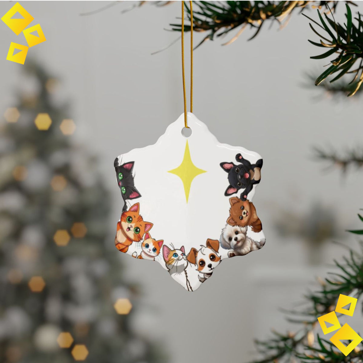 Christmas Ornaments Cute Pet Family - Cats & Dogs Around Star - 2-Sided Ceramic Holiday Decoration