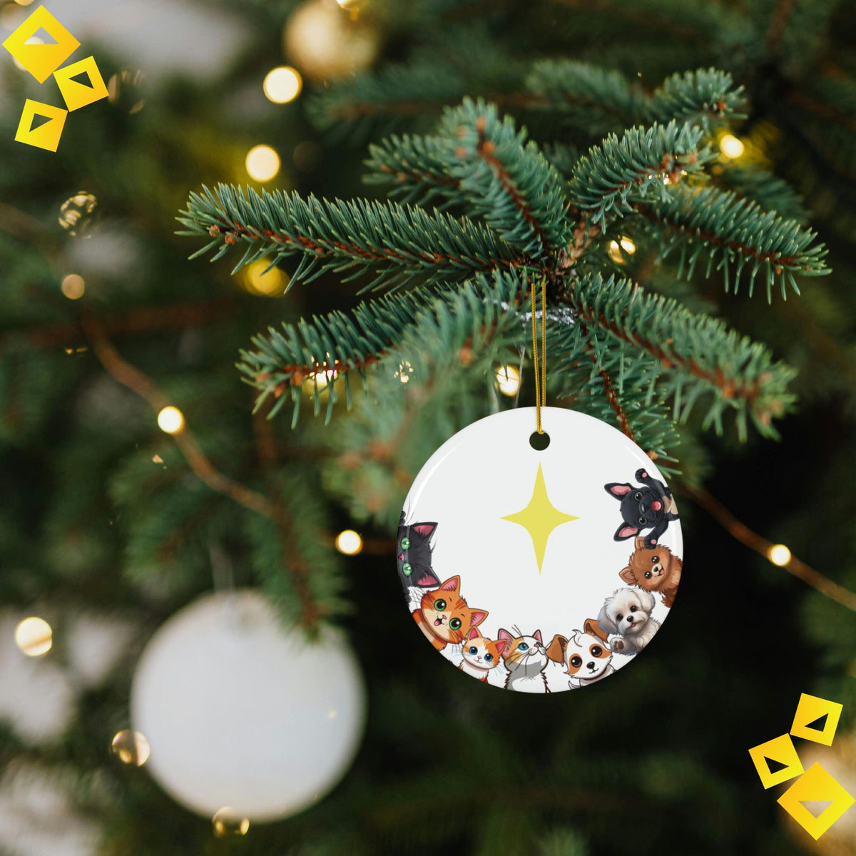 Christmas Ornaments Cute Pet Family - Cats & Dogs Around Star - 2-Sided Ceramic Holiday Decoration