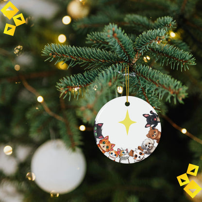 Christmas Ornaments Cute Pet Family - Cats & Dogs Around Star - 2-Sided Ceramic Holiday Decoration