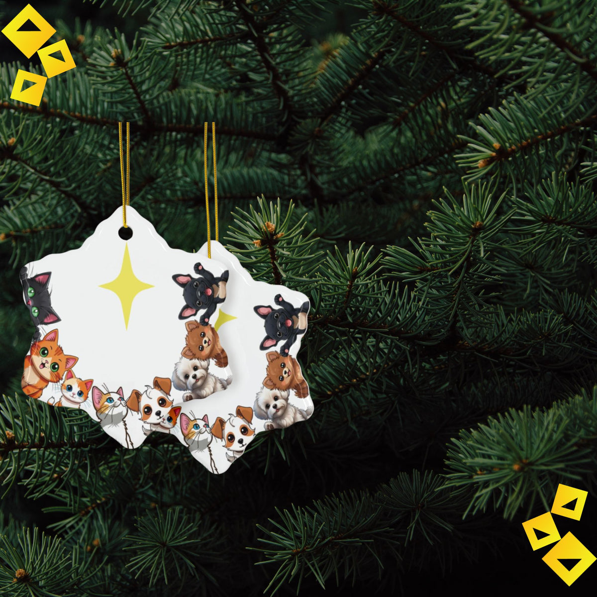 Christmas Ornaments Cute Pet Family - Cats & Dogs Around Star - 2-Sided Ceramic Holiday Decoration