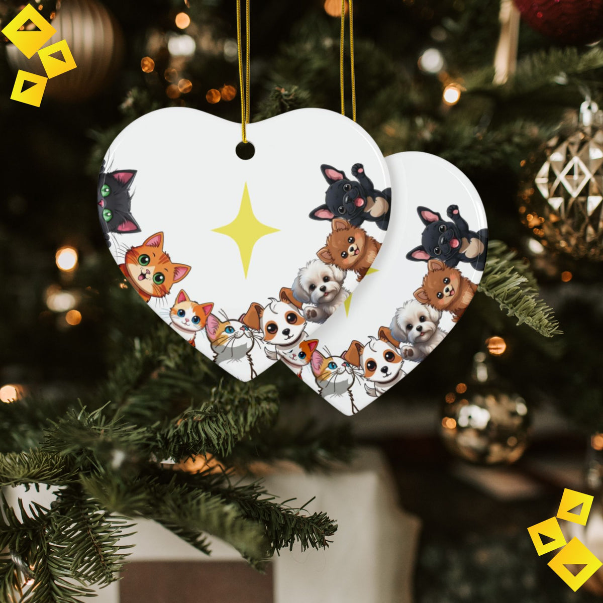Christmas Ornaments Cute Pet Family - Cats & Dogs Around Star - 2-Sided Ceramic Holiday Decoration