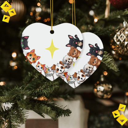 Christmas Ornaments Cute Pet Family - Cats & Dogs Around Star - 2-Sided Ceramic Holiday Decoration