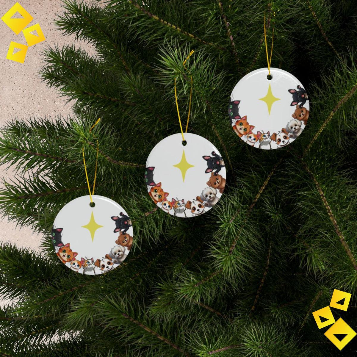 Christmas Ornaments Cute Pet Family - Cats & Dogs Around Star - 2-Sided Ceramic Holiday Decoration