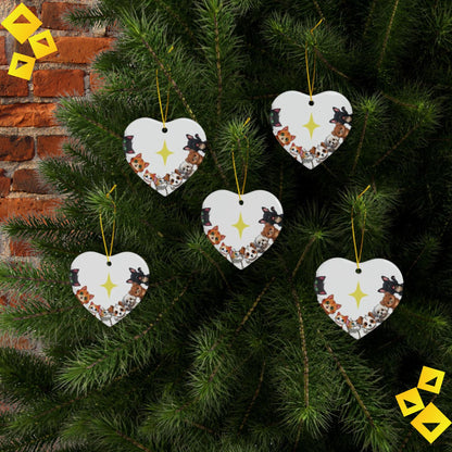 Christmas Ornaments Cute Pet Family - Cats & Dogs Around Star - 2-Sided Ceramic Holiday Decoration