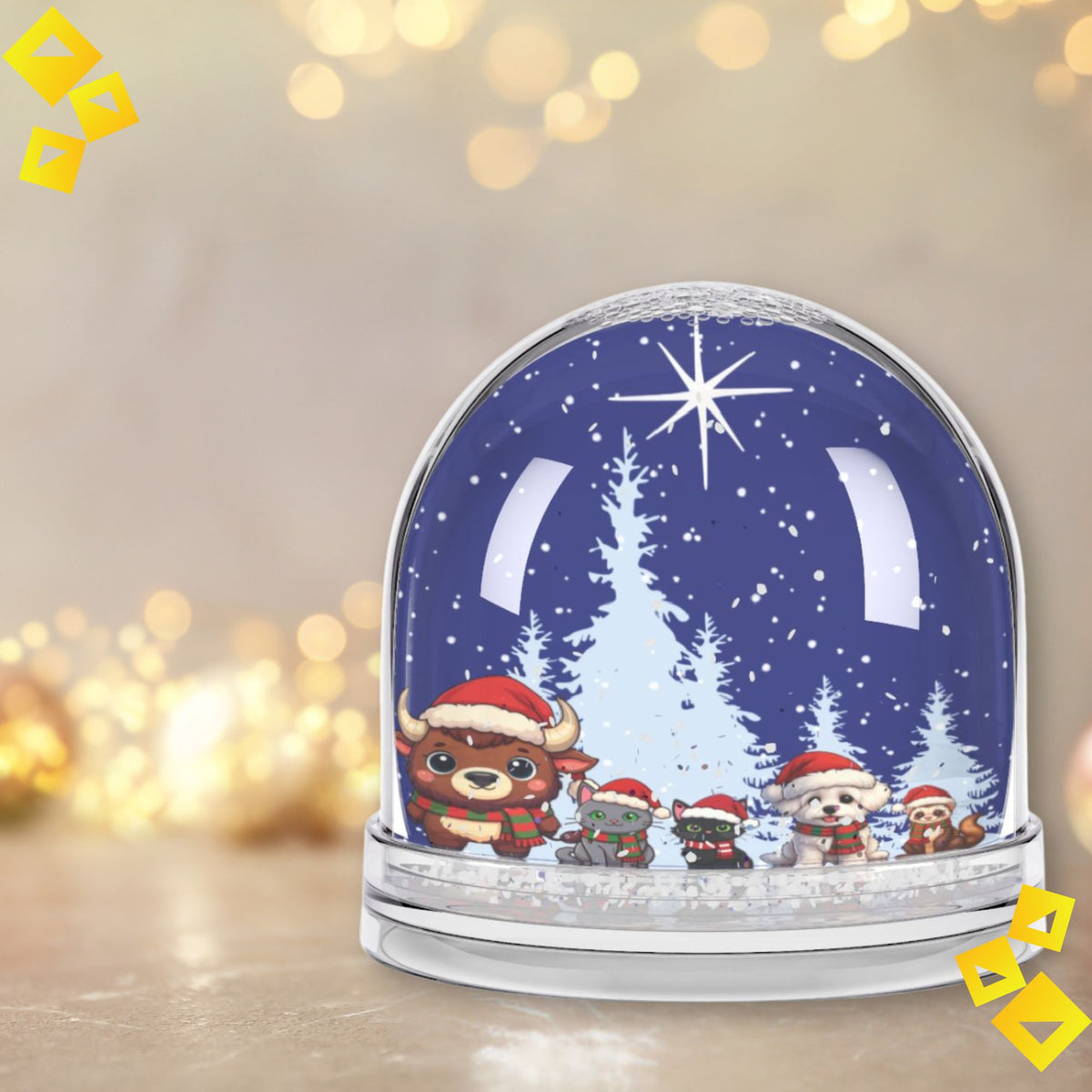 Christmas Snow Globe with Cute Animal Friends - Festive Night Scene with Star of Bethlehem - Holiday Decor Gift