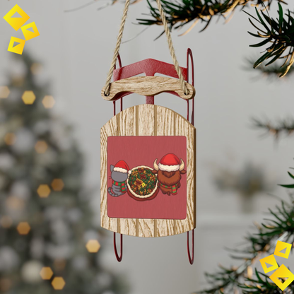Wooden Sled Christmas Ornament - Cat & Bison in Festive Outfits Holding Gift Bag - Rustic Holiday Tree Decor