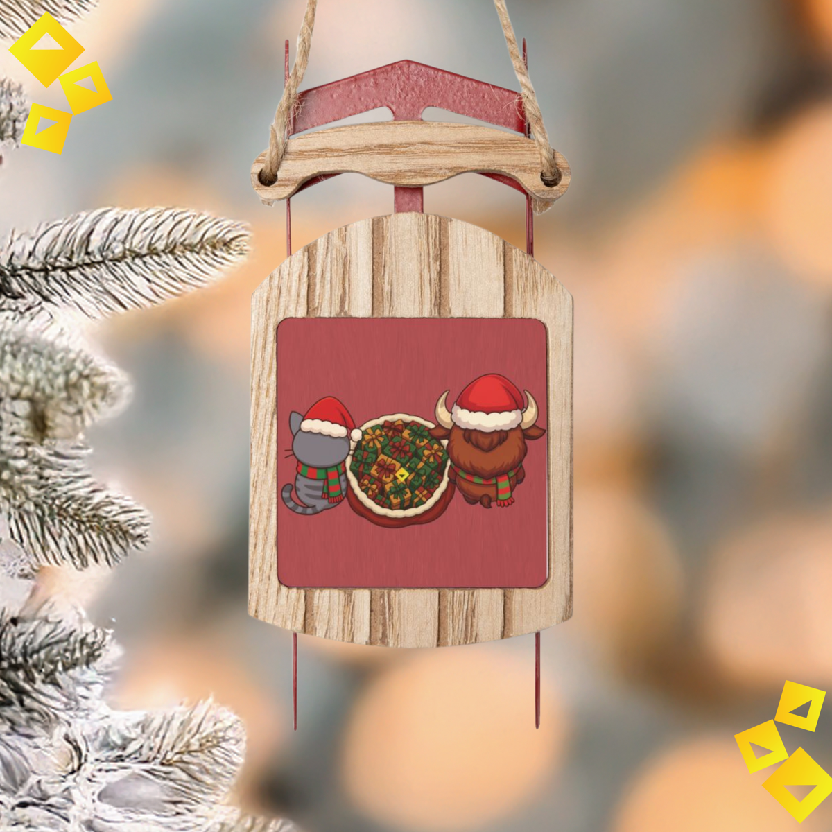 Wooden Sled Christmas Ornament - Cat & Bison in Festive Outfits Holding Gift Bag - Rustic Holiday Tree Decor