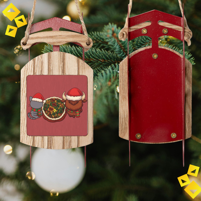 Wooden Sled Christmas Ornament - Cat & Bison in Festive Outfits Holding Gift Bag - Rustic Holiday Tree Decor