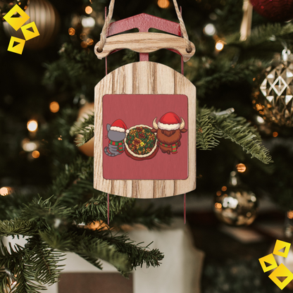 Wooden Sled Christmas Ornament - Cat & Bison in Festive Outfits Holding Gift Bag - Rustic Holiday Tree Decor