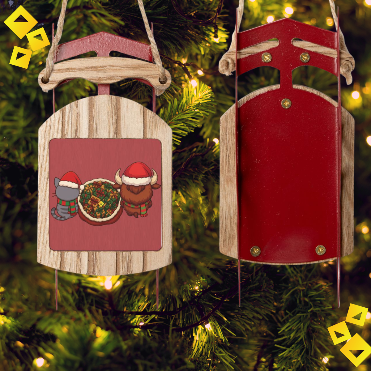 Wooden Sled Christmas Ornament - Cat & Bison in Festive Outfits Holding Gift Bag - Rustic Holiday Tree Decor