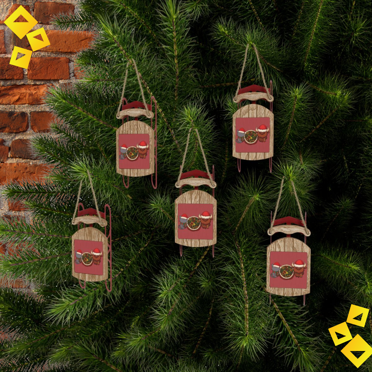 Wooden Sled Christmas Ornament - Cat & Bison in Festive Outfits Holding Gift Bag - Rustic Holiday Tree Decor