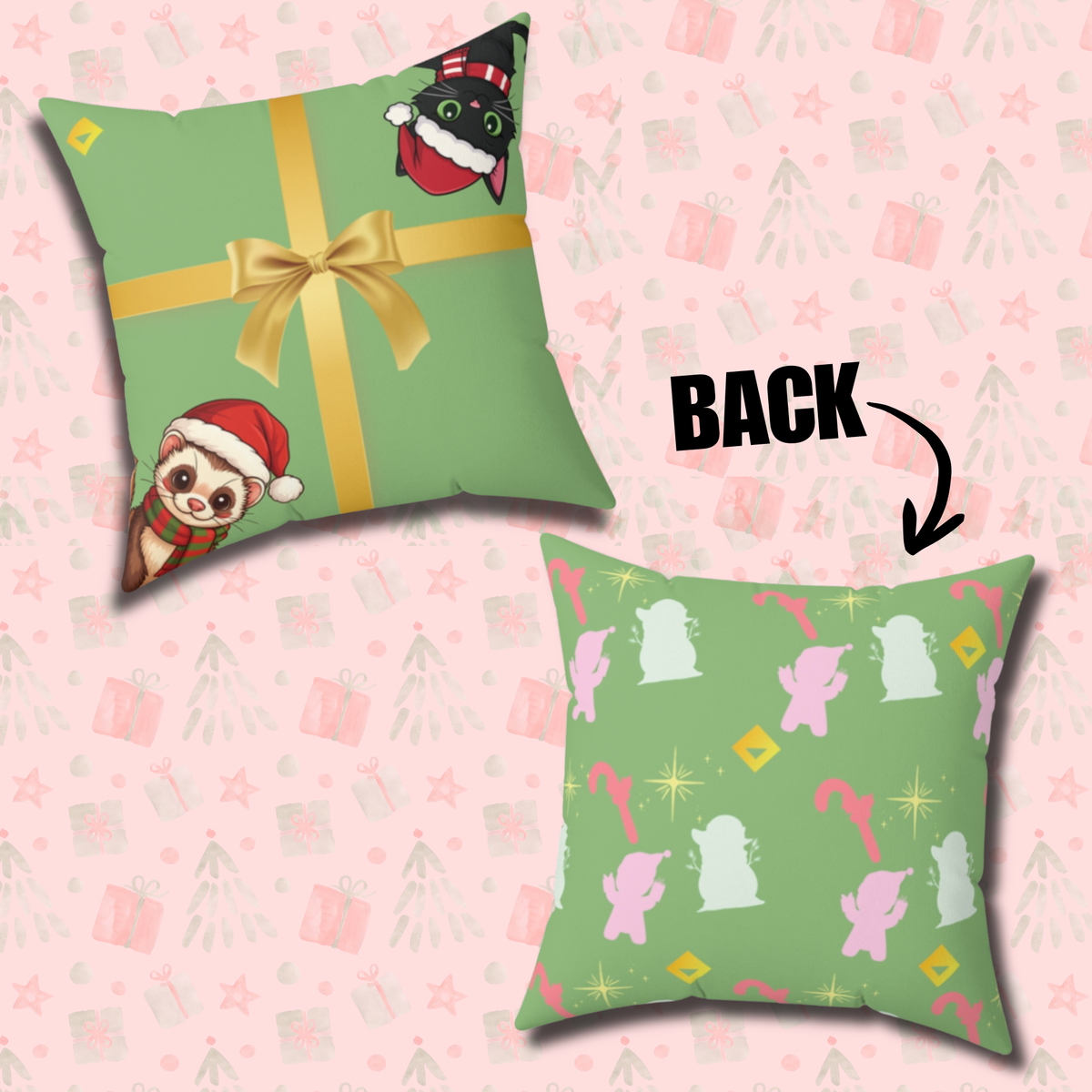 Christmas Pillow Cover - Green Gift Box Design with Ferret & Black Cat - Double-Sided Festive Throw Pillow