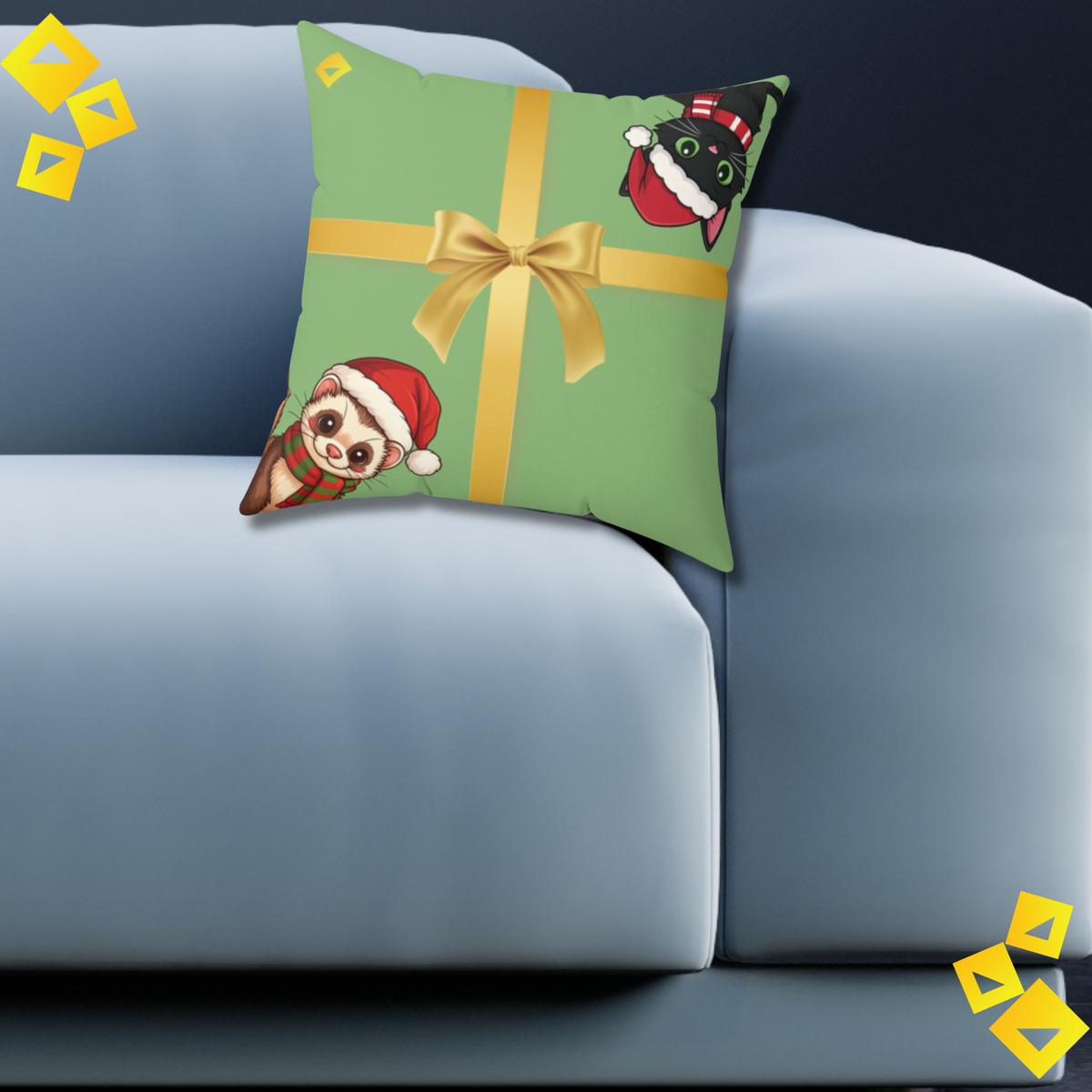 Christmas Pillow Cover - Green Gift Box Design with Ferret & Black Cat - Double-Sided Festive Throw Pillow
