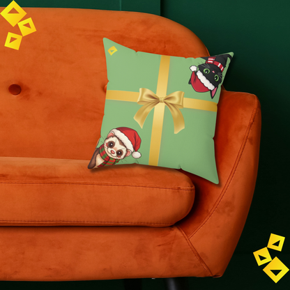 Christmas Pillow Cover - Green Gift Box Design with Ferret & Black Cat - Double-Sided Festive Throw Pillow