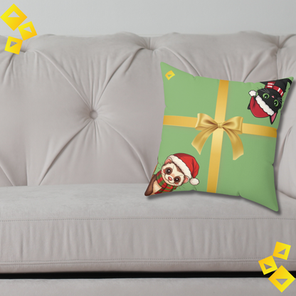 Christmas Pillow Cover - Green Gift Box Design with Ferret & Black Cat - Double-Sided Festive Throw Pillow