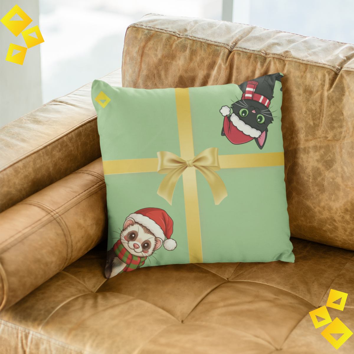 Christmas Pillow Cover - Green Gift Box Design with Ferret & Black Cat - Double-Sided Festive Throw Pillow