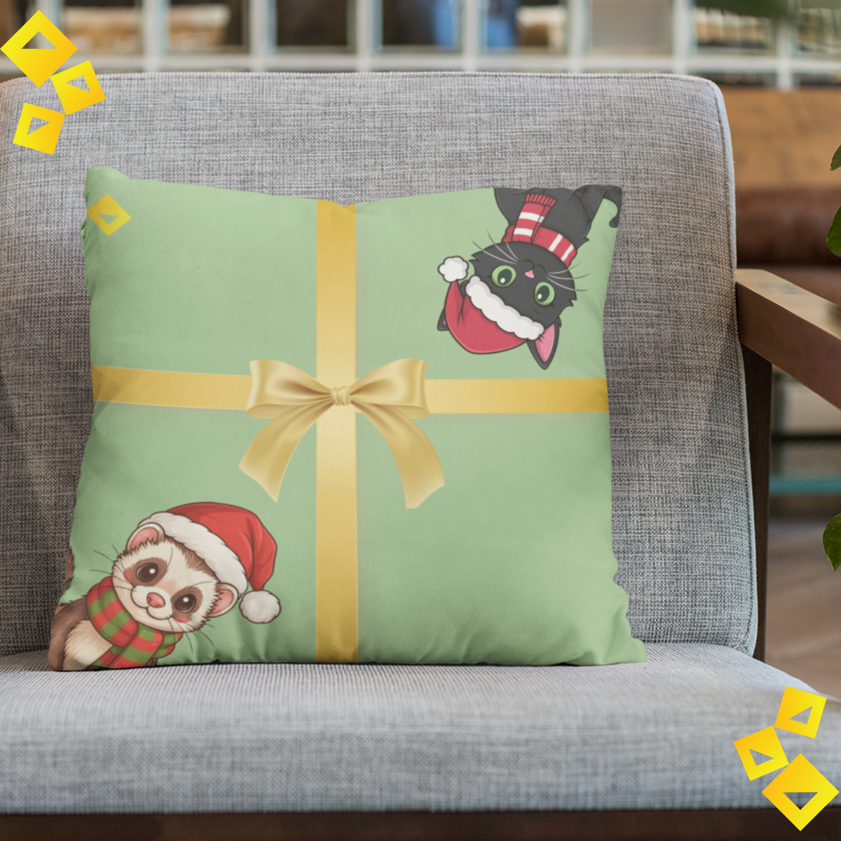 Christmas Pillow Cover - Green Gift Box Design with Ferret & Black Cat - Double-Sided Festive Throw Pillow