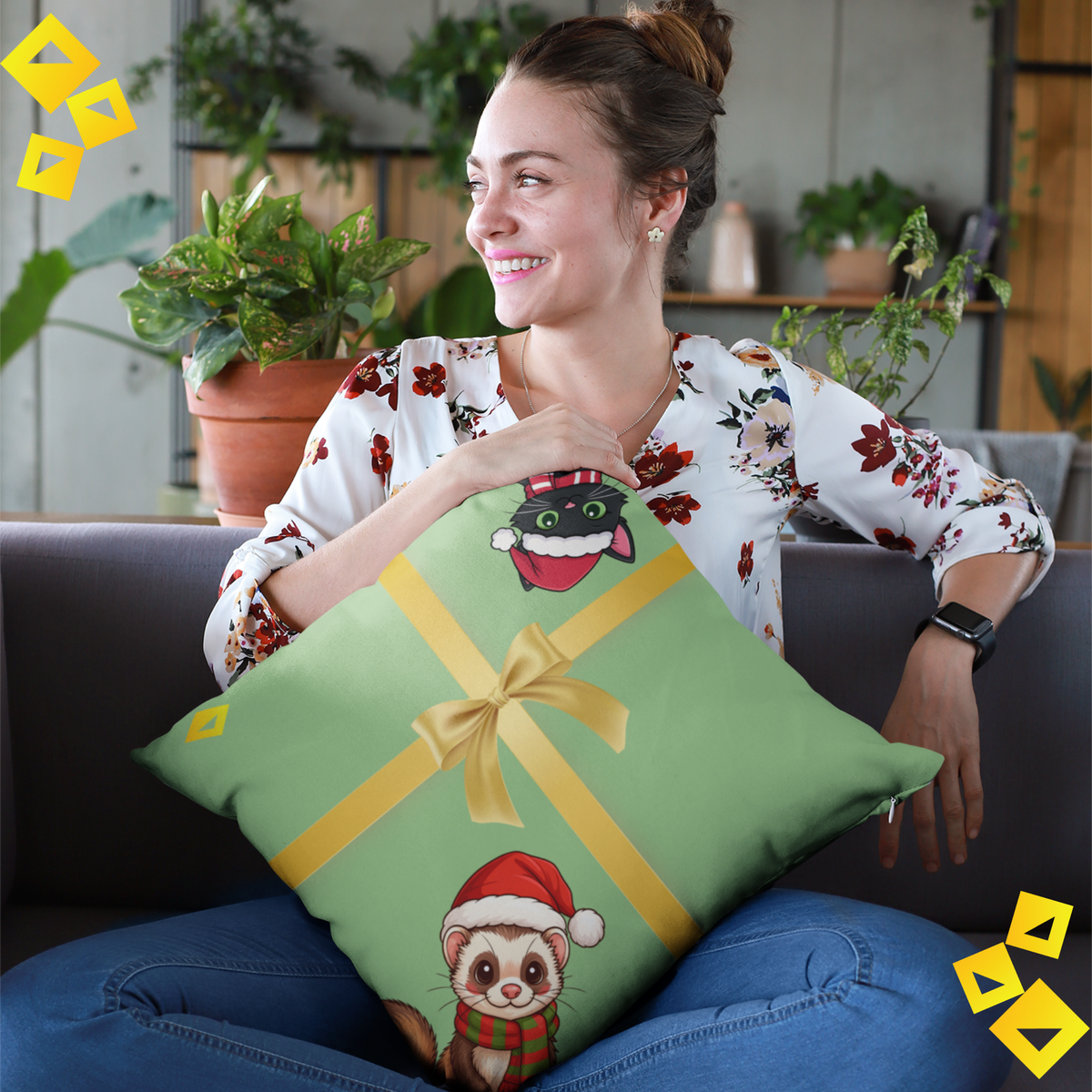 Christmas Pillow Cover - Green Gift Box Design with Ferret & Black Cat - Double-Sided Festive Throw Pillow