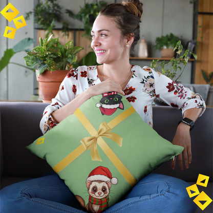 Christmas Pillow Cover - Green Gift Box Design with Ferret & Black Cat - Double-Sided Festive Throw Pillow