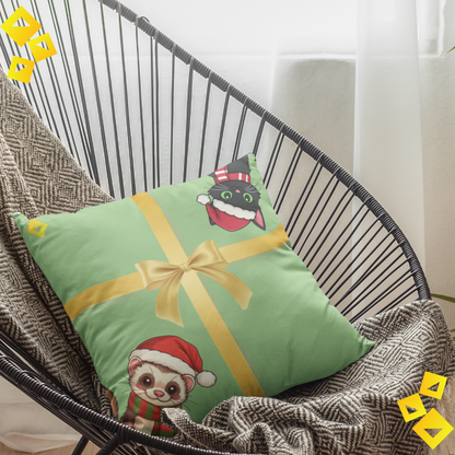 Christmas Pillow Cover - Green Gift Box Design with Ferret & Black Cat - Double-Sided Festive Throw Pillow