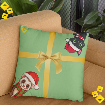 Christmas Pillow Cover - Green Gift Box Design with Ferret & Black Cat - Double-Sided Festive Throw Pillow